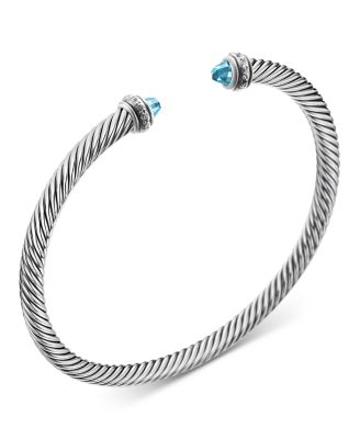 Sterling Silver Cable Classic Bracelet with Blue Topaz & Diamonds