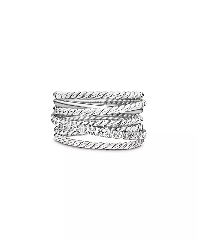 Crossover Ring in Sterling Silver with Diamonds, 12mm