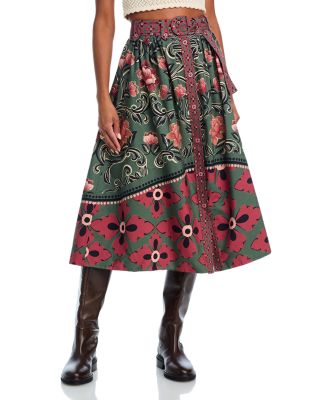 FARM Rio - Arabesque Floral Green Buttons Midi Skirt