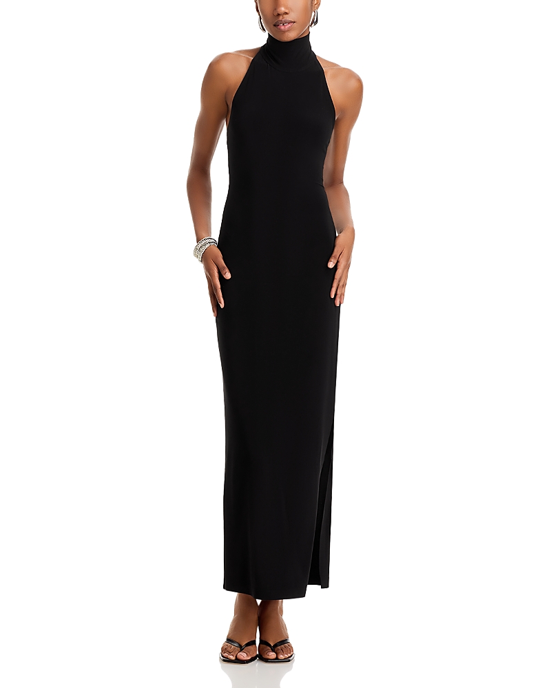 Norma Kamali Halter Turtleneck Side Slit Gown In Black