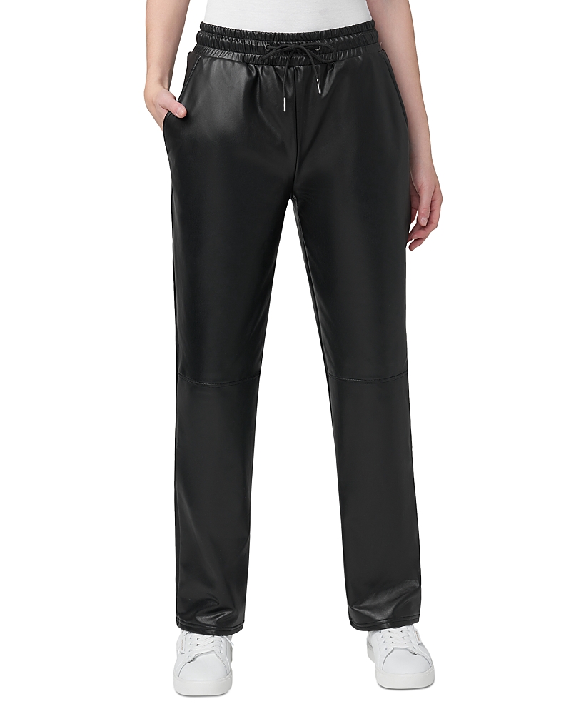 Hue Faux Leather Wide Leg Drawstring Pants In Black