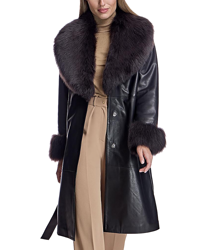 Maximilian Leather Coat With Shearling Trim In Black/brown