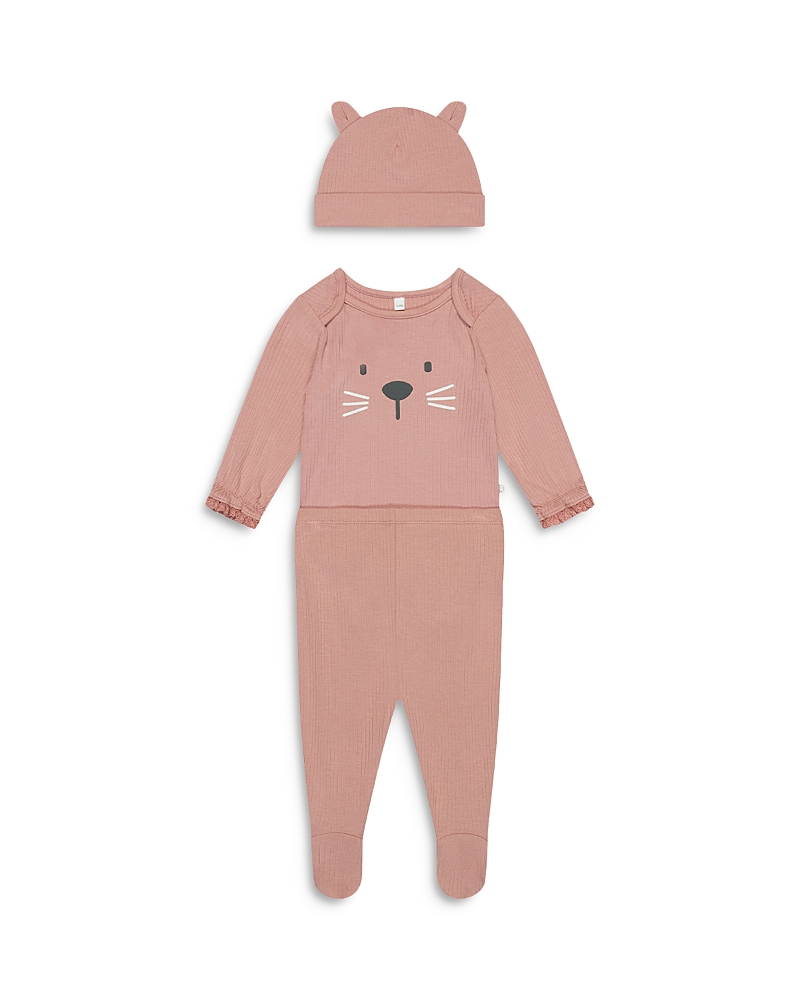 Mori Girls' Little Kitty Bodysuit, Footed Leggings & Hat Set - Baby In Rose