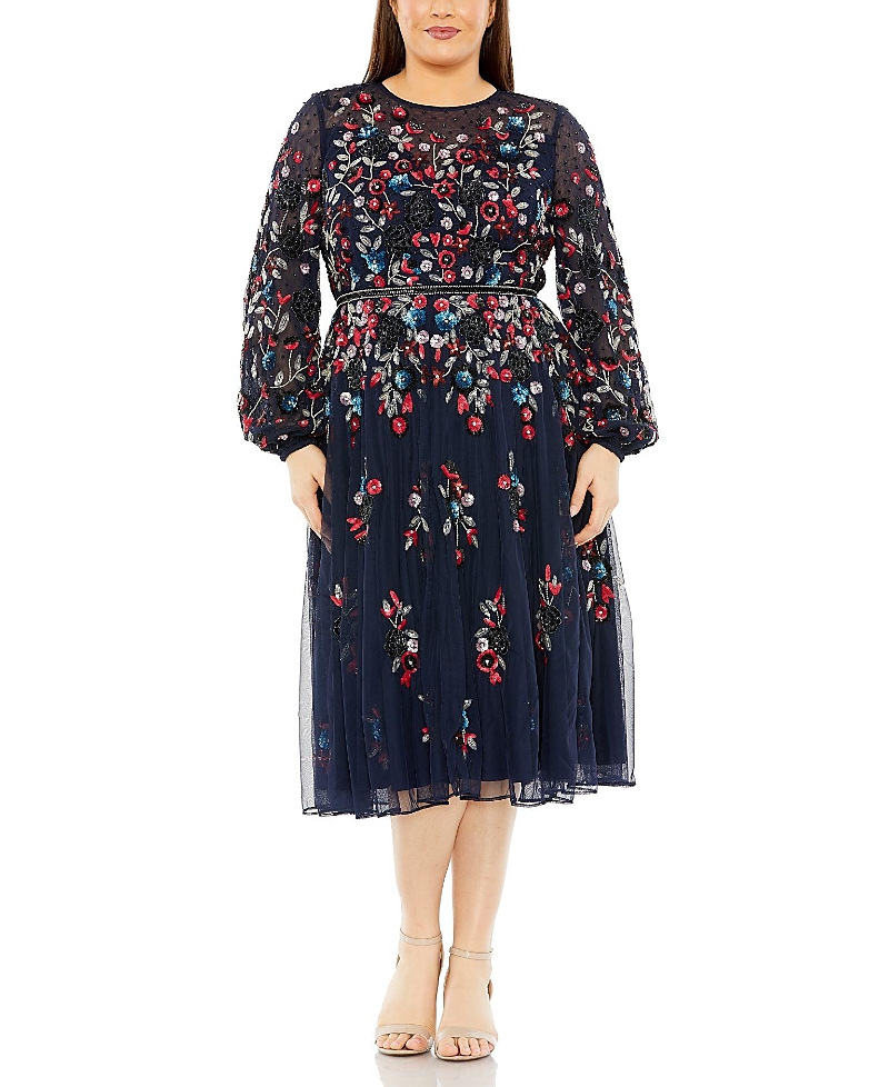 Mac Duggal Long Sleeve Beaded Cocktail Dress In Midnight