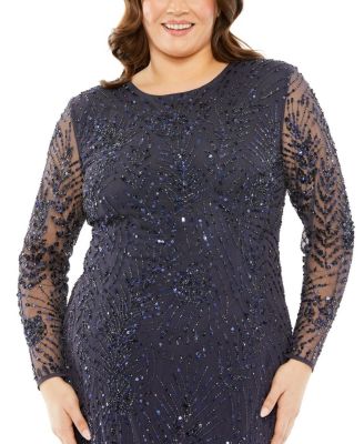  Plus Long Sleeve Mesh Embellished Gown