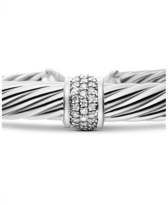 Classic Cable Station Bracelet in Sterling Silver with Pav&eacute; Diamonds, 7mm