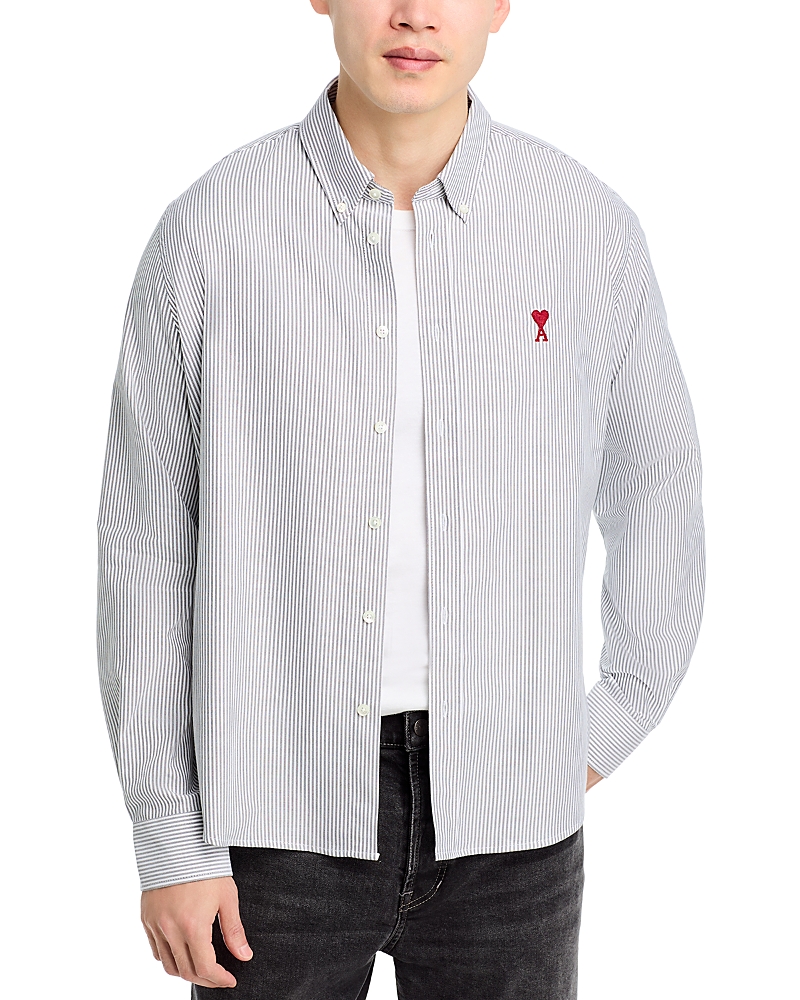 Ami Alexandre Mattiussi Button-down Collar Logo-embroidered Striped Cotton Oxford Shirt In Black