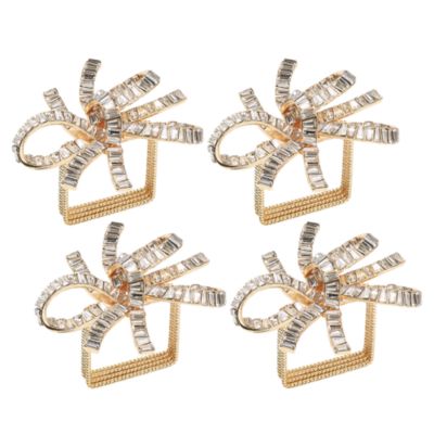 Jeweled Bow Napkin Ring in Gold &amp; Crystal, Set of 4 in a Gift Box