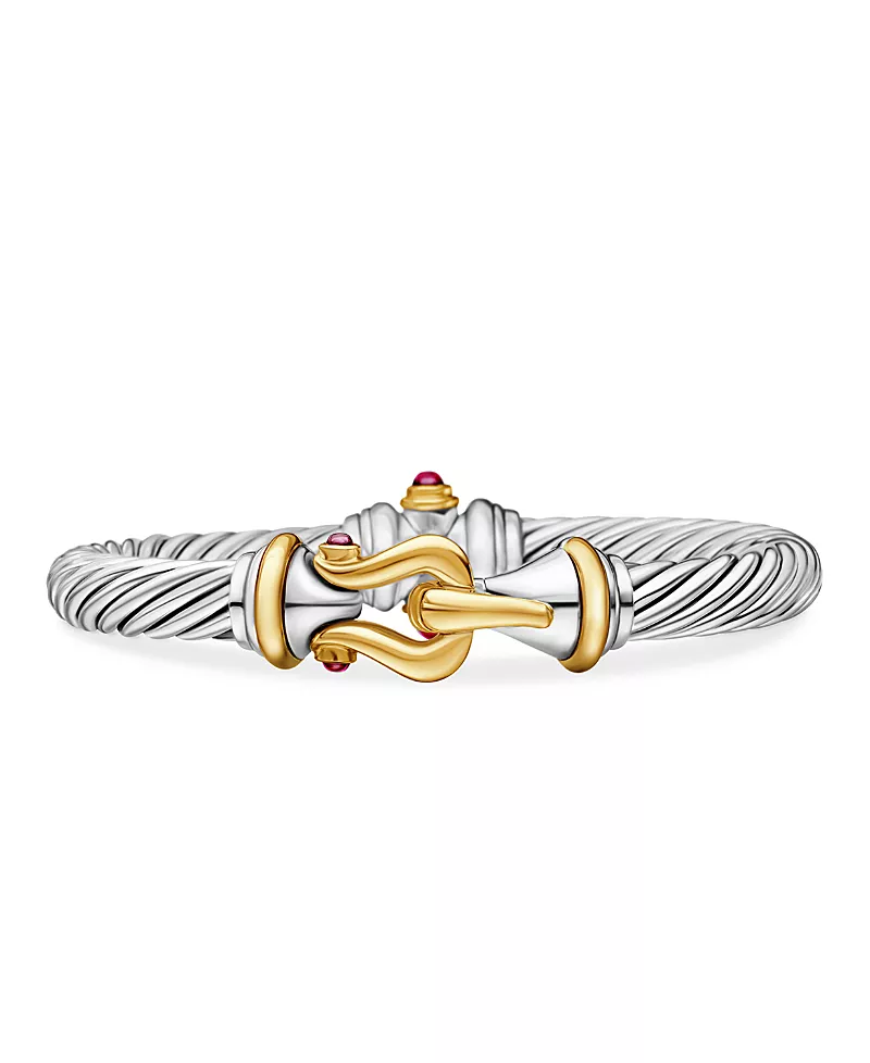 David Yurman Sterling Silver & 18K Yellow Gold Cable Buckle Bracelet with Rhodalite Garnet