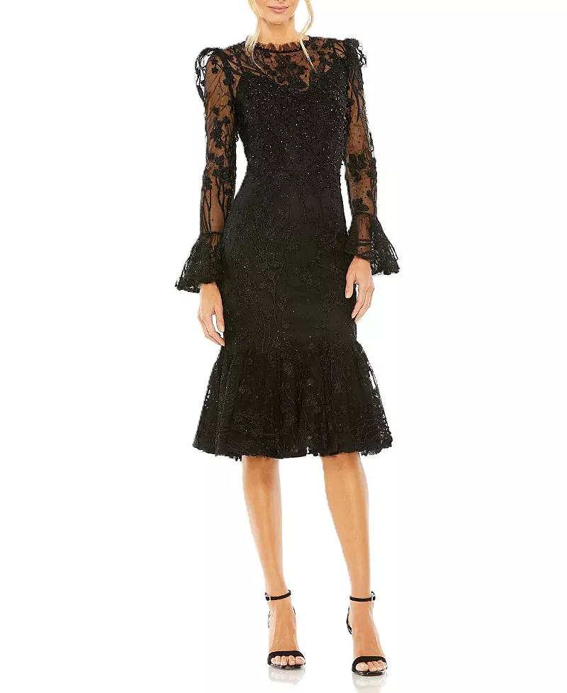 Mac Duggal Ruffle Wrist Embellished High Neck Midi Dress
