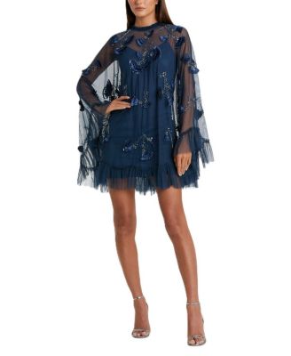 Mac Duggal Embellished Long Flare Sleeve Mesh A-Line Dress