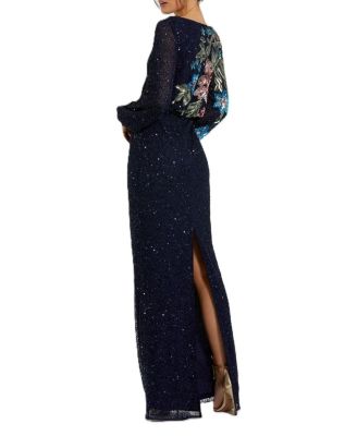 Mac Duggal Embellished Multi Color Floral High Neck Gown