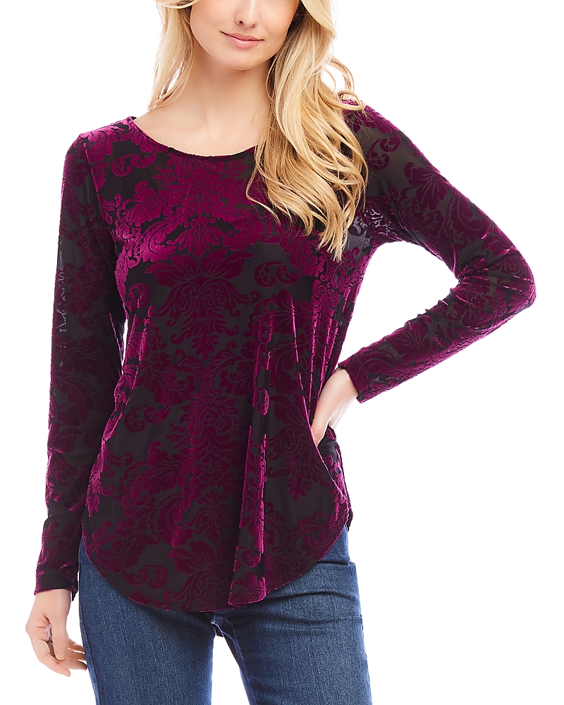 Karen Kane Floral Velvet Burnout Shirttail Top In Wine