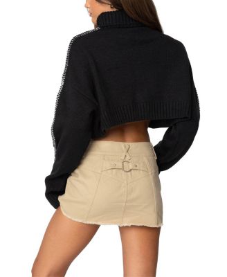 Embroidered Edge Cropped Turtle Neck Sweater