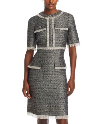 Teri Jon by Rickie Freeman - Metallic Tweed Fringe Trim Dress