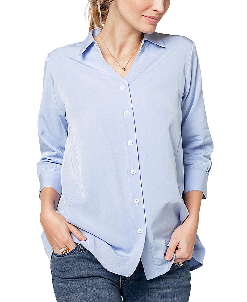 Marion Three-quarter Sleeve Twill Maternity Button-up Top In Pale Blue
