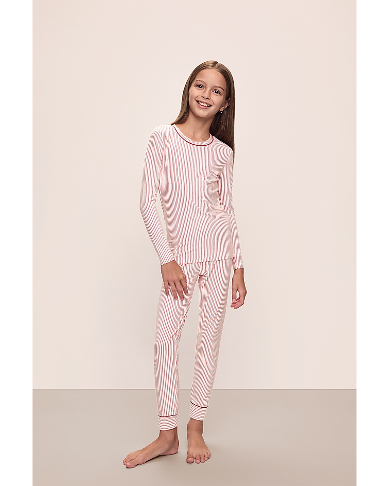 Eberjey Unisex Printed Long Sleeve Pj Set - Little Kid, Big Kid In Duo Stripe Haute Red/haute Red