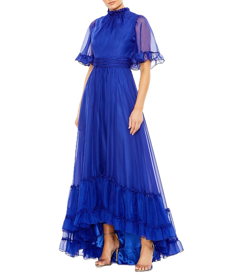 Mac Duggal Ruffled High Neck Flutter Sleeve High Low Hem Gown In Sapphire