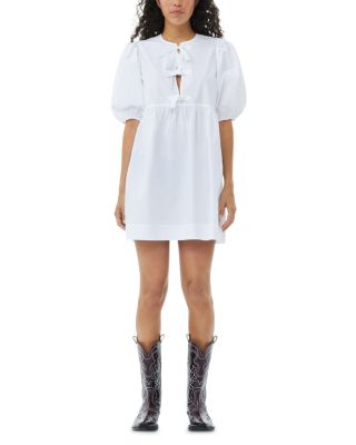 White Cotton Poplin Tie String Mini Dress