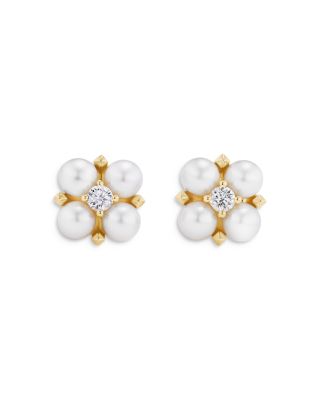 David Yurman Petite Modern Renaissance Pearl Stud Earrings in 18K Yellow Gold with Diamonds, 7.8mm