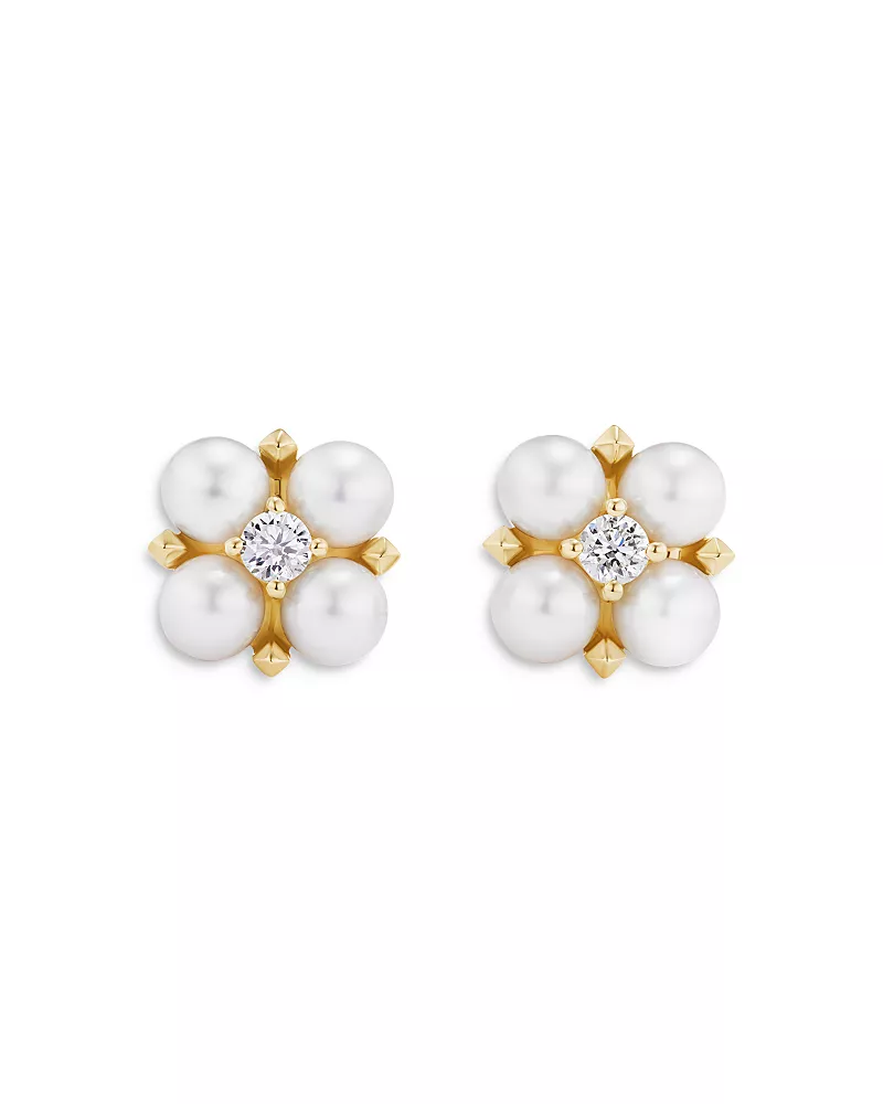David Yurman Petite Modern Renaissance Pearl Stud Earrings in 18K Yellow Gold with Diamonds, 7.8mm