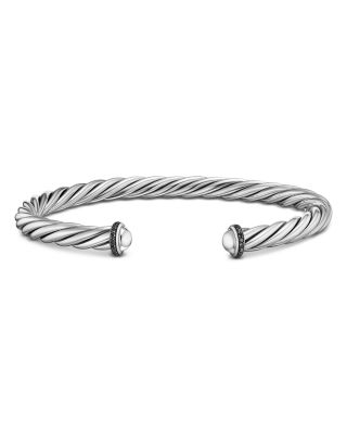 Men&#39;s Cable Cuff Bracelet in Sterling Silver with Pav&amp;eacute; Black Diamonds, 6mm