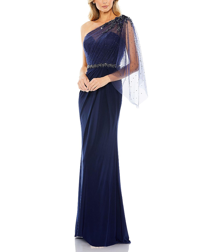 Mac Duggal Embellished One Shoulder Draped Gown In Blue
