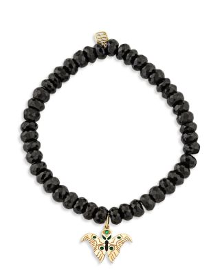 Wicked x Sydney Evan 14K Yellow Gold Black Spinel & Emerald Enamel Moth Charm Bracelet