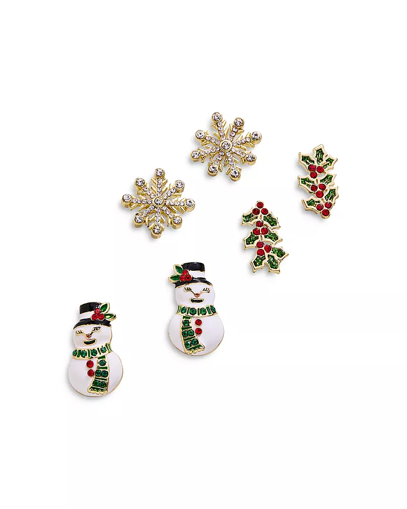 Baublebar Winter Wonderland Pave Winter Motif Stud Earrings in Gold Tone, Set of 3