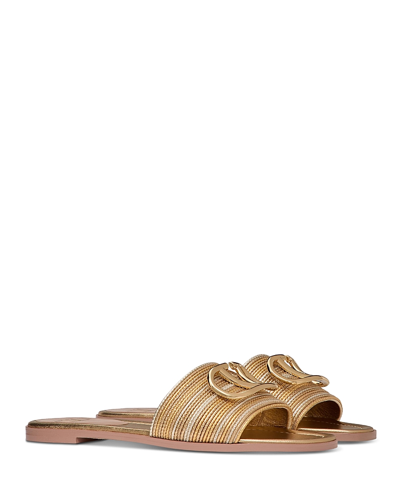 Valentino Garavani Vlogo Signature Metallic Leather Slide Sandal With Cornely Embroidery Woman Gold