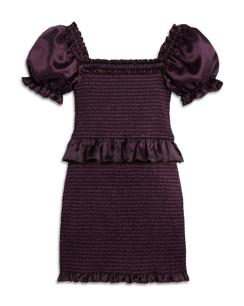 Katiejnyc Girls' Rayne Puff Sleeve Smocked Dress - Big Kid In Midnight Plum Satin