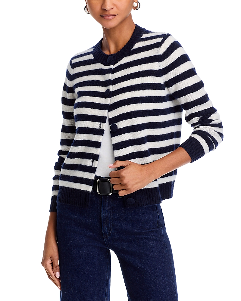 C By Bloomingdale's Cashmere Striped Crewneck Cardigan - Exclusive In Navy/ivory