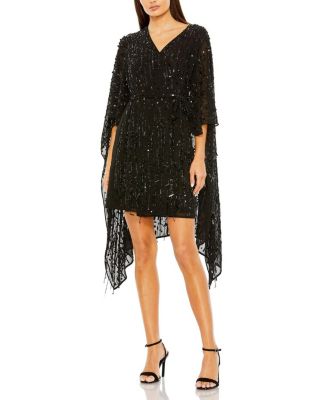 Mac Duggal - Cape Back Fringe Beaded Robe Dress