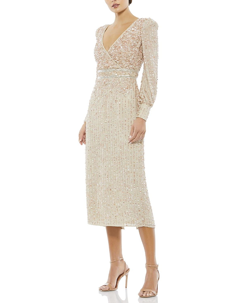 Mac Duggal Sequined V Neck Bishop Sleeve Dress