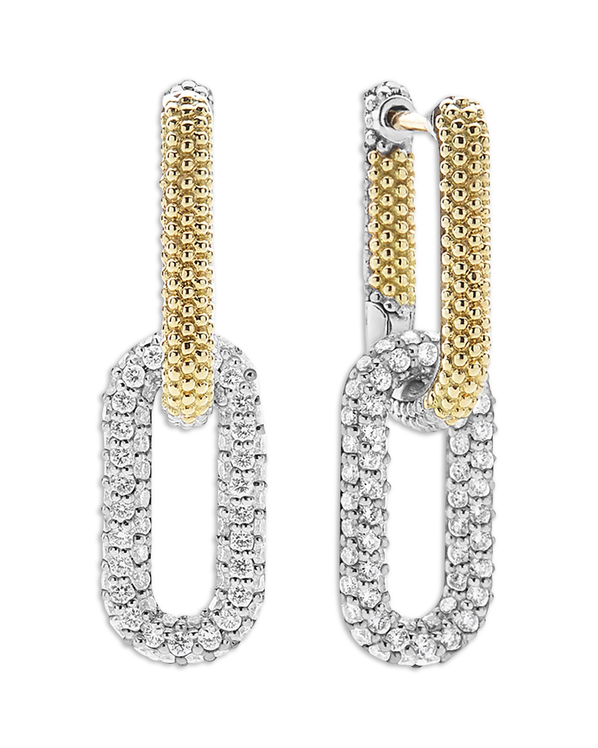18K Yellow Gold & Silver Caviar Lux-Clip Diamond Link Drop Earrings