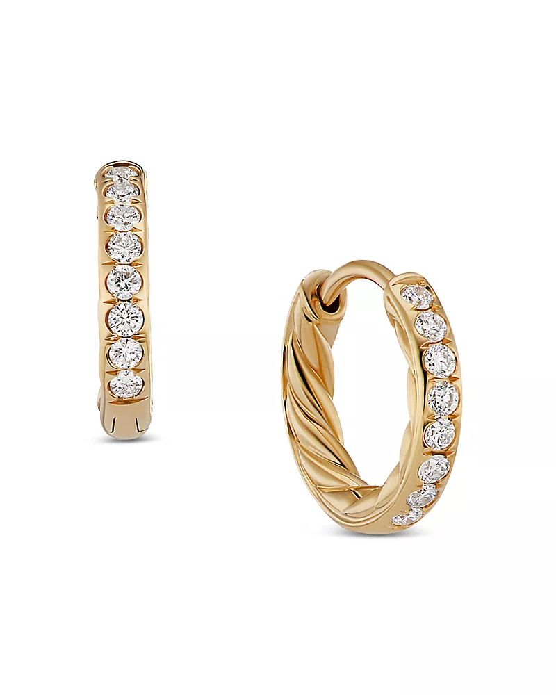 David Yurman Pave Huggie Hoop Earrings in 18K Yellow Gold with Diamonds, 13mm