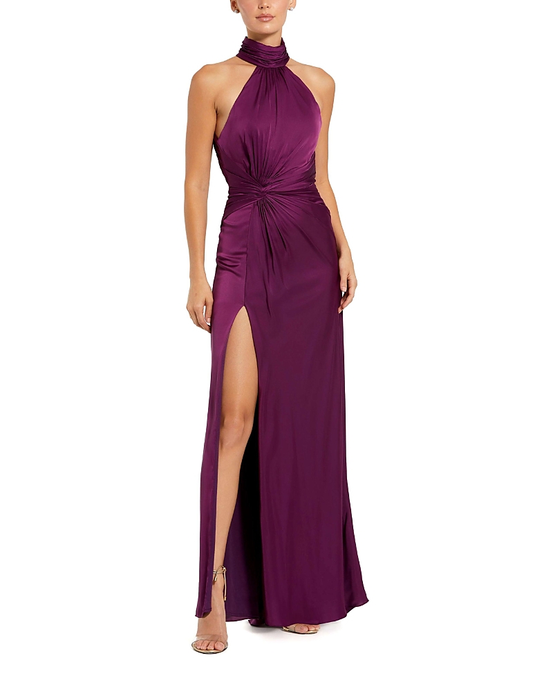 Mac Duggal Open Back High Neck Side Ruched Gown In Plum