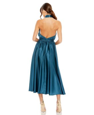Pleated Charmeuse High Neck Sleeveless Midi Dress