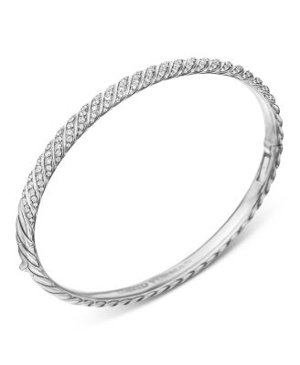 Sculpted Cable Bangle Bracelet in 18K White Gold with Diamonds, 4.6mm