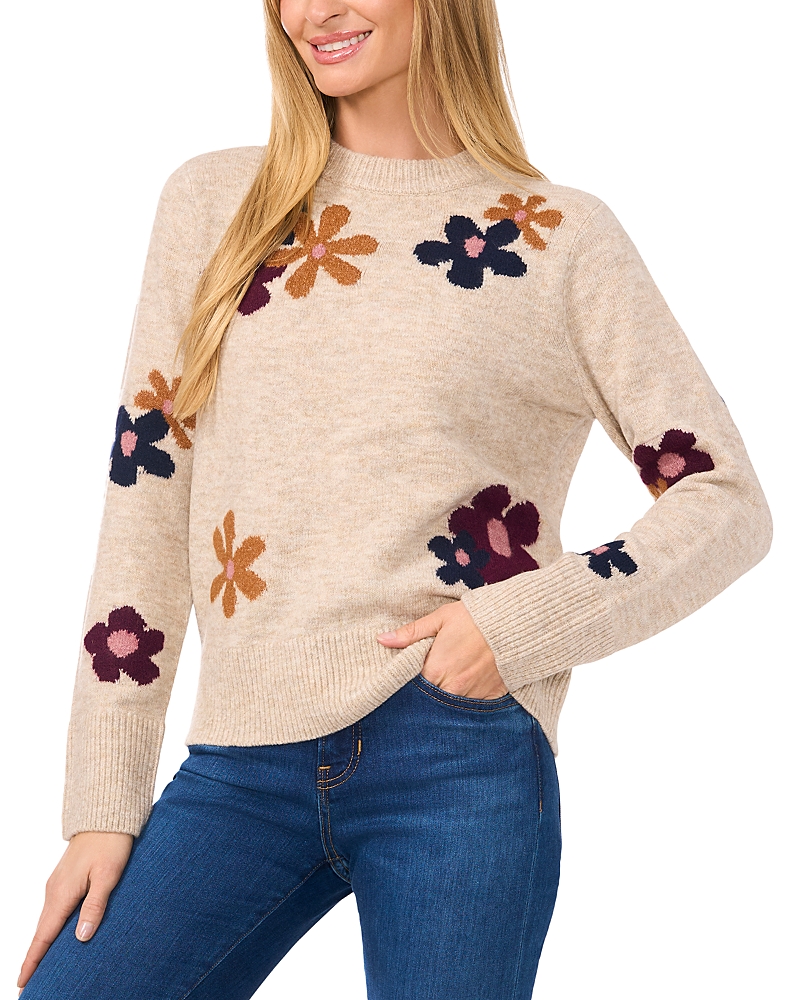 Cece Women's Flower Patterned Knit Crewneck Sweater In Oatmeal