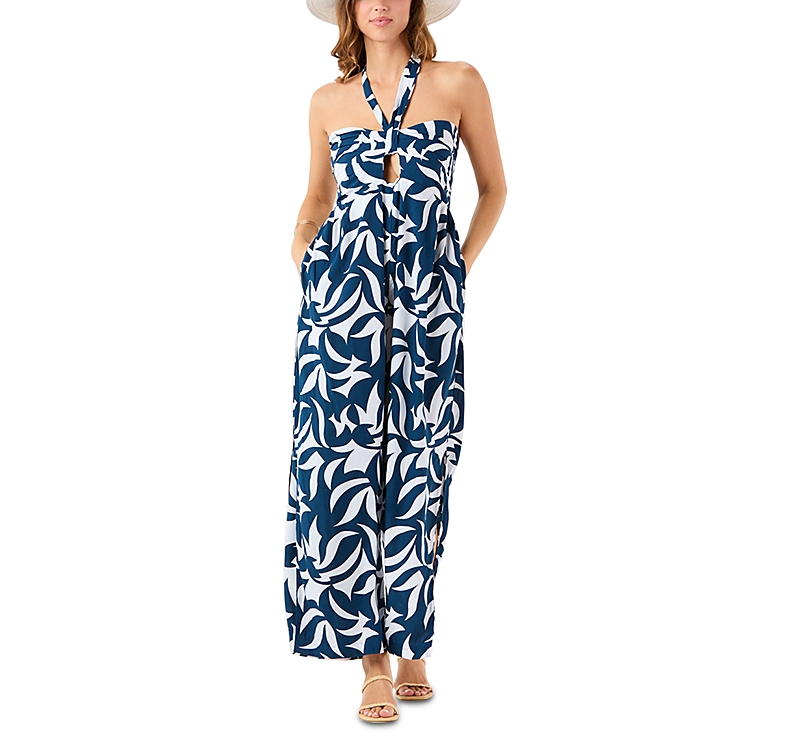 Tiare Hawaii Liv Halter Cut Out Slim Fit Jumpsuit In Abstract Geo Navy