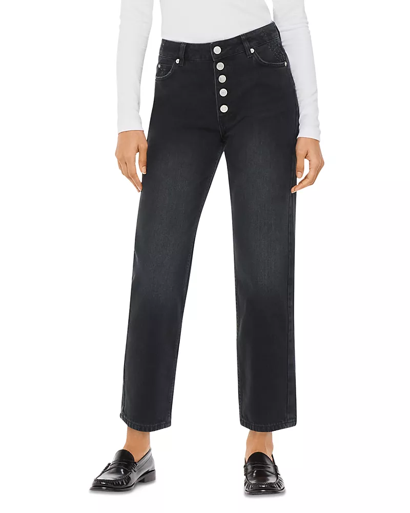Whistles Hollie Button Front High Rise Cropped Straight Jeans in Black