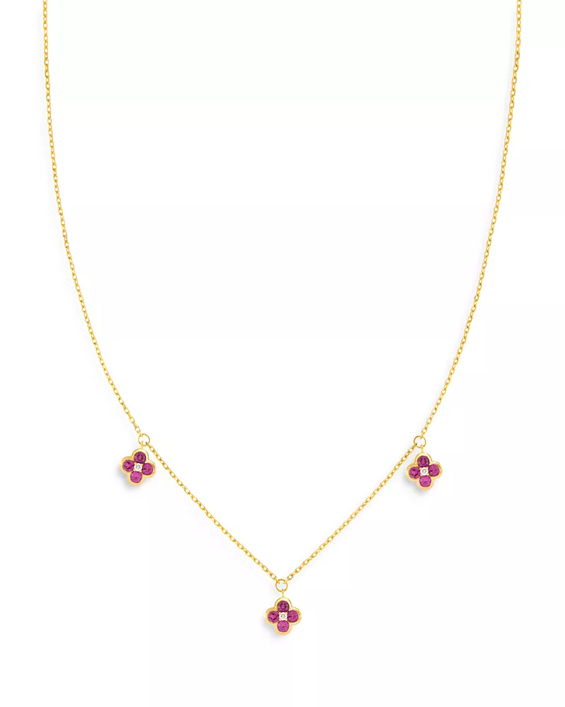 Bloomingdale's Fine Collection Pink Sapphire & Diamond Bezel Clover Station Necklace in 14K Yellow Gold, 17