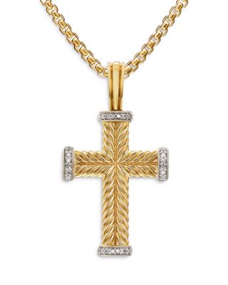 Chevron Cross Pendant in 18K Yellow Gold with Diamonds, 32.6mm