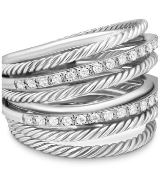 Sterling Silver Crossover Wide Ring with Diamonds, 8