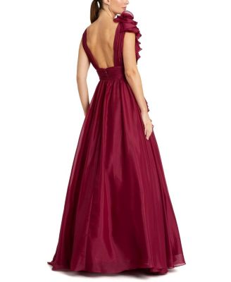 Ruffle Shoulder V-Neck Chiffon Gown