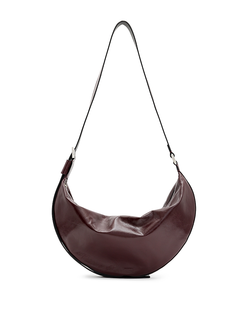Shop Allsaints Half Moon Leather Shoulder Bag In Burnt Red