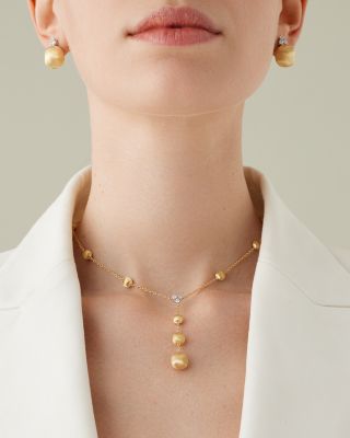 18K White & Yellow Gold Africa Diamond Cluster & Textured Bead Lariat Necklace, 16.5-18"