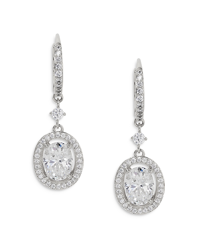 NADRI RADIANT OVAL CUBIC ZIRCONIA HALO DROP EARRINGS IN RHODIUM PLATED
