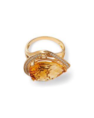Citrine & Diamond Pear Shaped Ring in 14K Yellow Gold